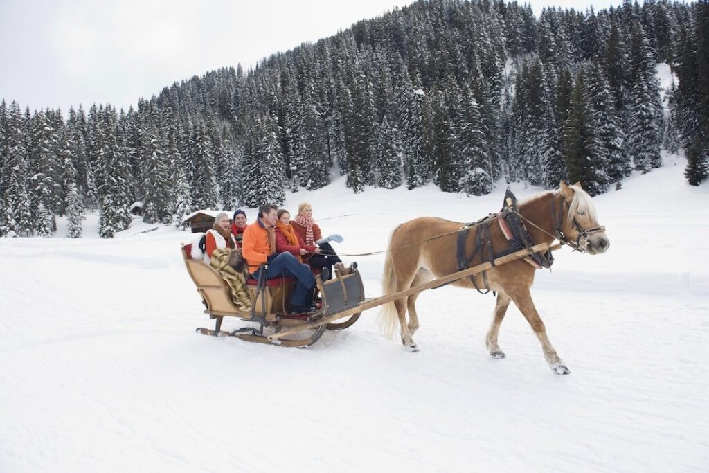 A group of people engaging in winter activities in Vail, riding in a sleigh pulled by a horse