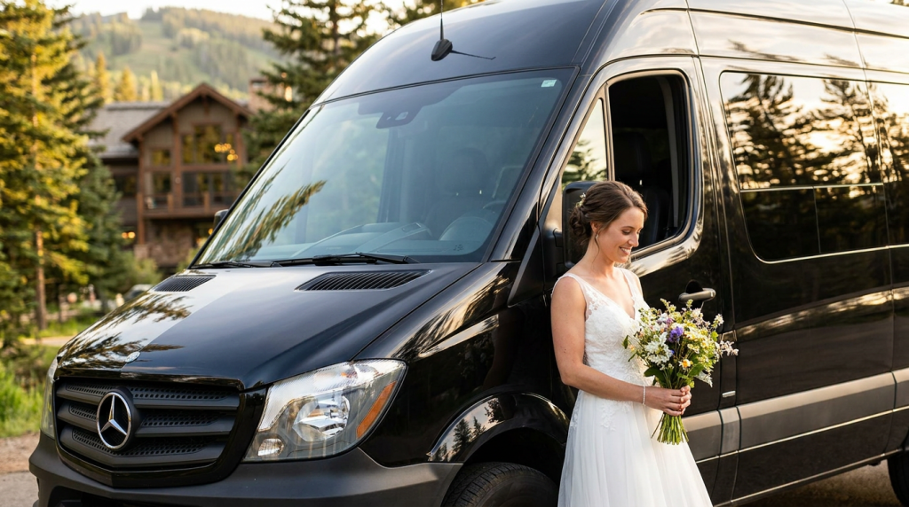 Beautiful bride in white wedding gown posing beside black Mercedes Sprinter van with stunning Vail Colorado mountain backdrop