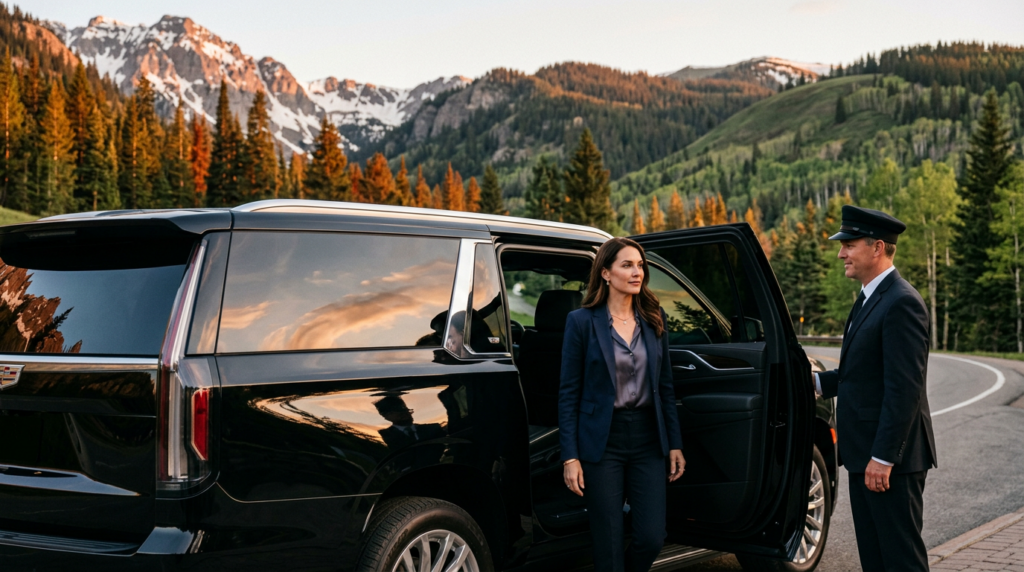 Hourly chauffeur holding open the door of a luxury SUV for a woman during a full-day outing in Colorado’s mountains.